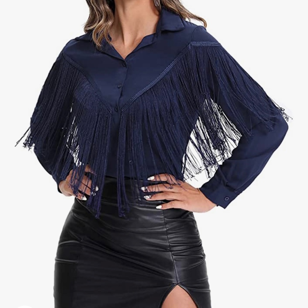 Women's Fringe Trim Long Sleeve Button Up Blouse Shirt Top